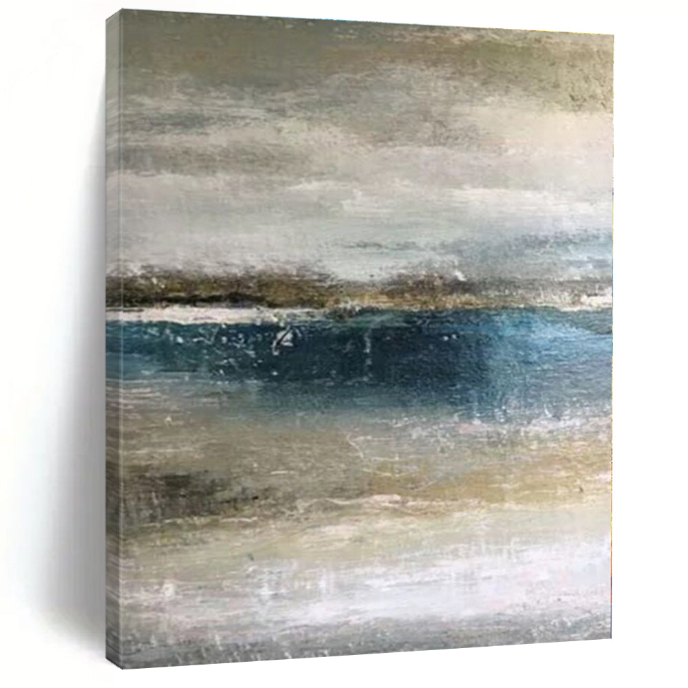 “Muted Coastal Landscape” - Blue, Gray, Beige Abstract Coastal Painting On Canvas PS0590