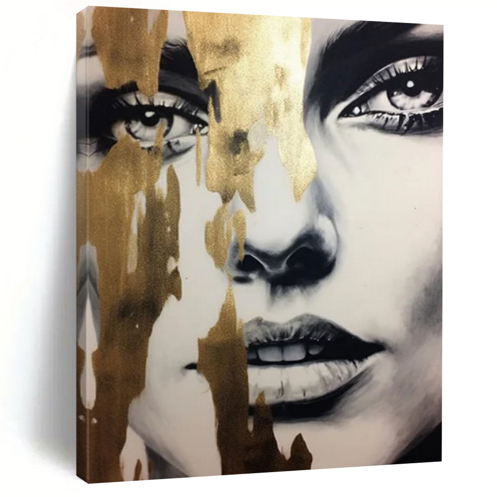 “Gilded Abstract Face” - Black - and - White with Gold Accents Art On Canvas PT2192
