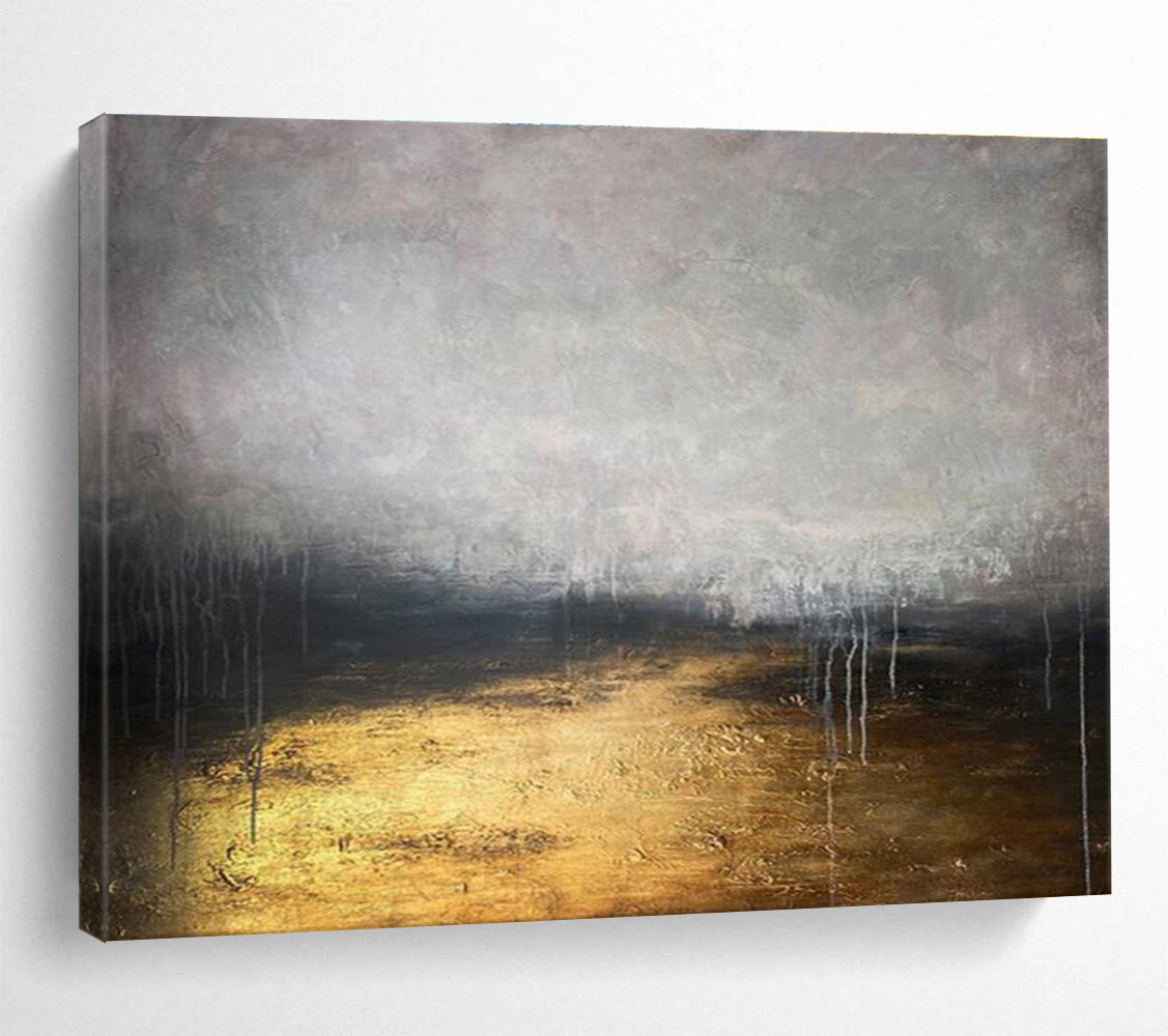 “Gilded Gray Abyss” - Gray, Gold & Black Abstract, Mixed - Media Painting On Canvas DKS782