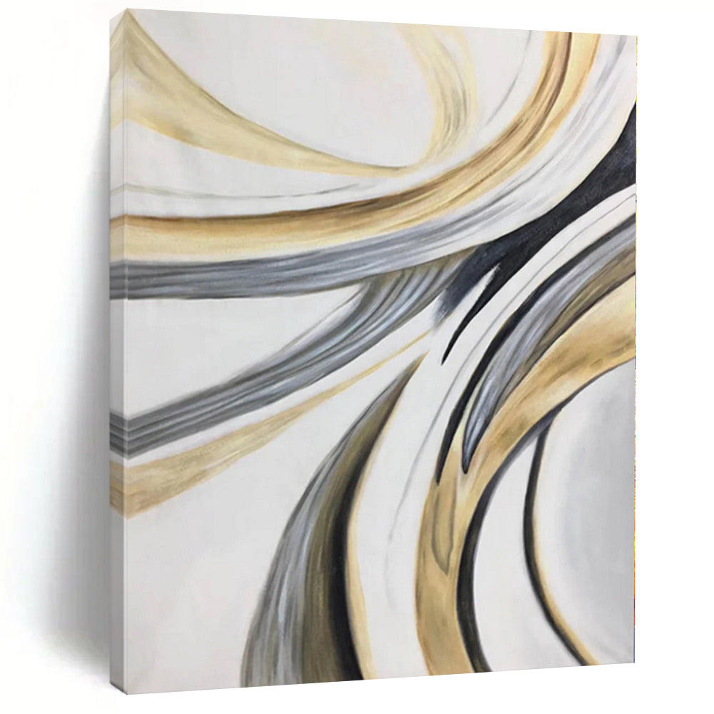 “Flowing Gold - Grey - White Abstract Ribbons” - Elegant Abstract Painting On Canvas PS0320