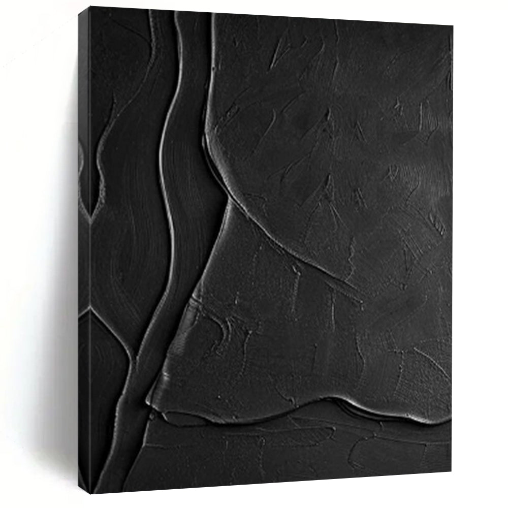 Textured Black Ridges "Midnight Terrain" Relief Sculpture On Canvas PS1069