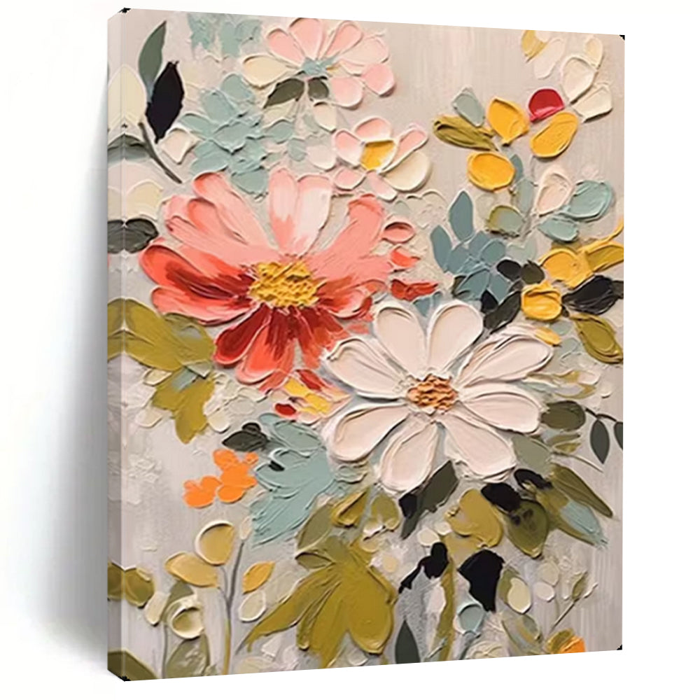 Impasto Floral Mix of Coral, White, Greens, Matisse - Inspired, Floral Painting On Canvas PT2128
