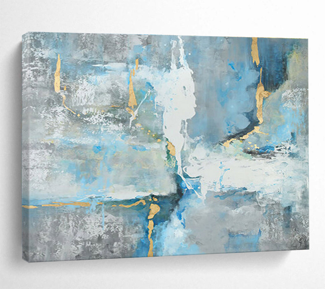 “Blue - Gray Abstract With Gold” - Blue, Gray & Gold Abstract, Modern Acrylic Painting On Canvas DKS756