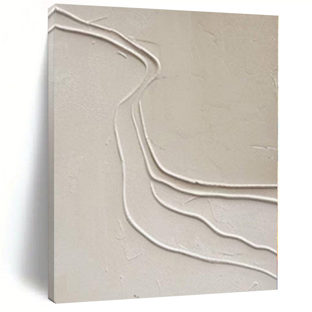 Beige with Curved White Lines "River Flow" Textured Abstract Painting On Canvas PS1094