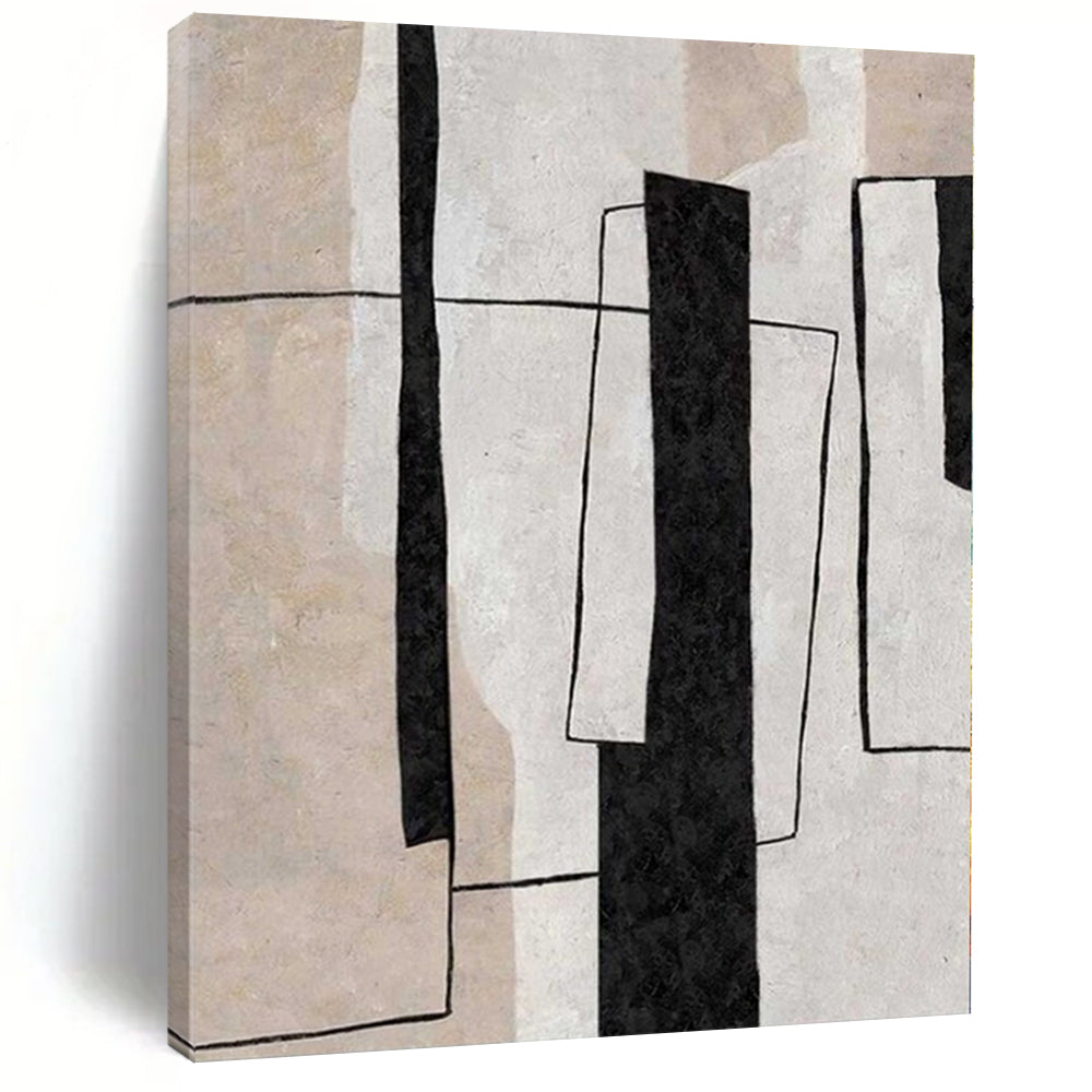 Beige, White and Black Geometric "Urban Structure" Architectural Abstract Painting On Canvas PS1103