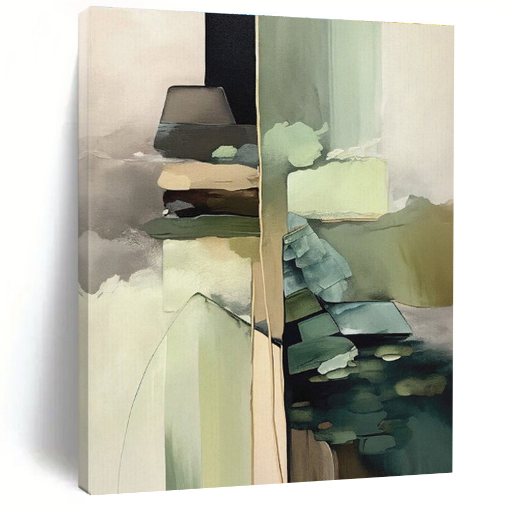 “Green - Neutral Abstract Layers” - Green, Neutral Tones Abstract Expressionist Painting On Canvas PS0743