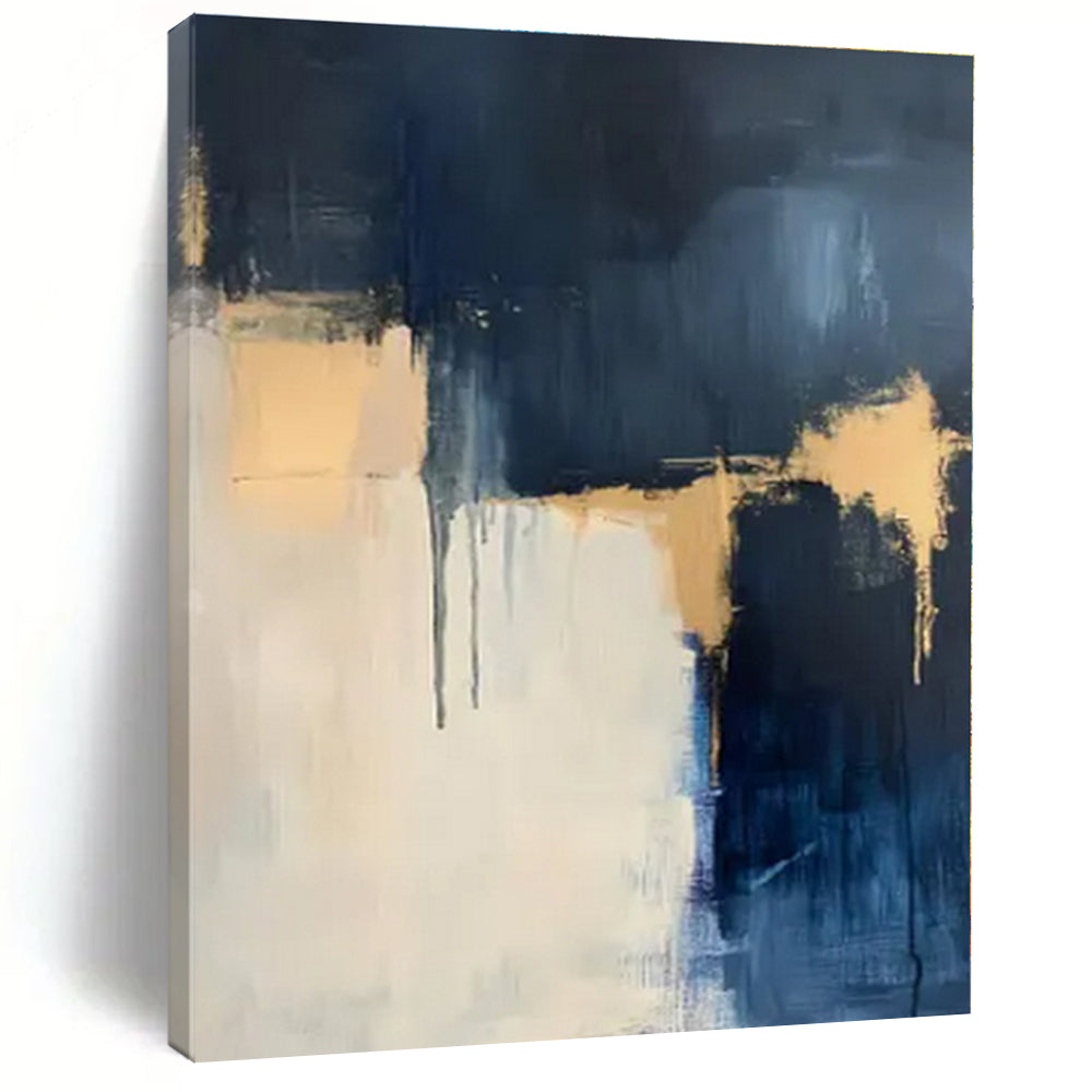 Navy, White, Gold with Layered Drips "Gilded Depths" Abstract Painting On Canvas PS1310
