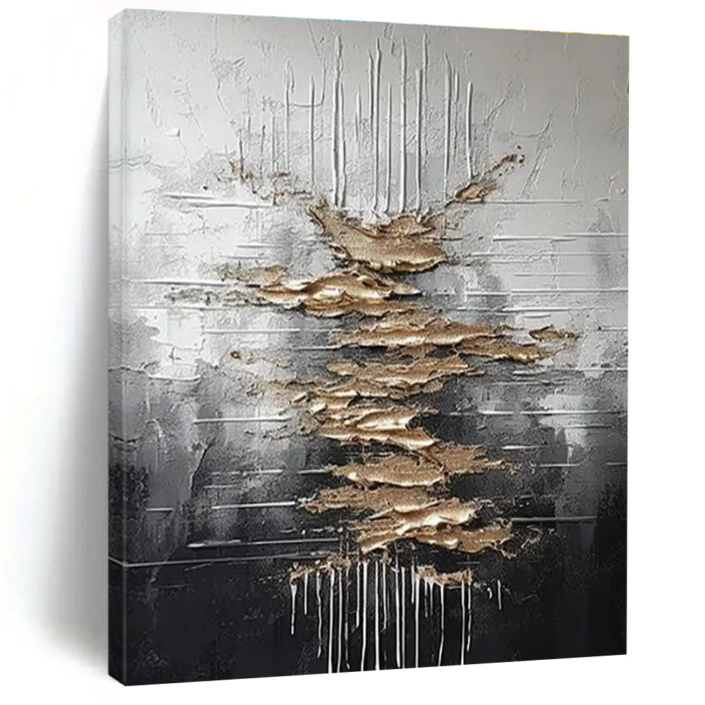 Silver, Black & Gold Textured Abstract "Metallic Cascade" Painting On Canvas PS0864