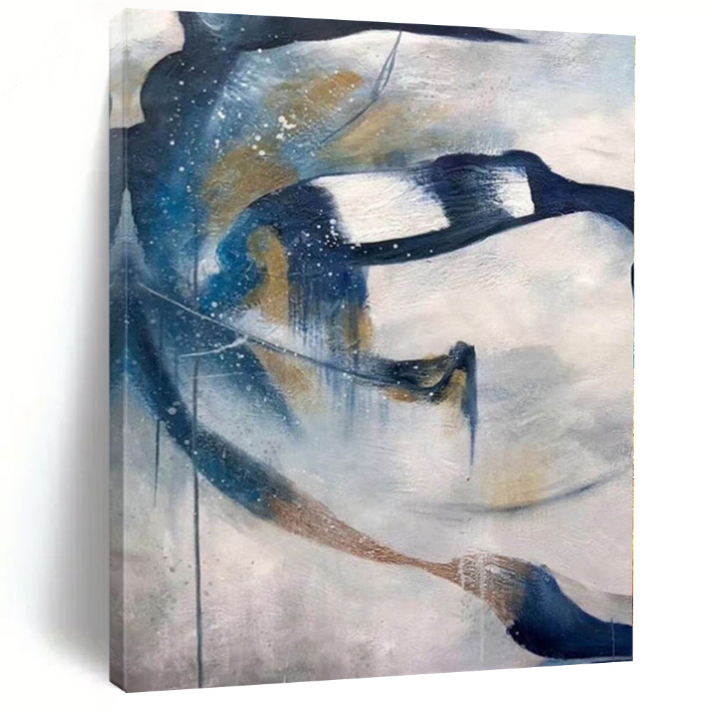 “Blue - Gold - White Abstract Flowing Shapes” - Graceful Abstract Painting On Canvas PS0312