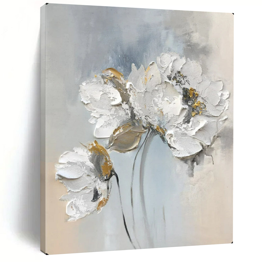 Elegant Blooms White & Gold Impasto Flowers, Painting On Canvas PT2149