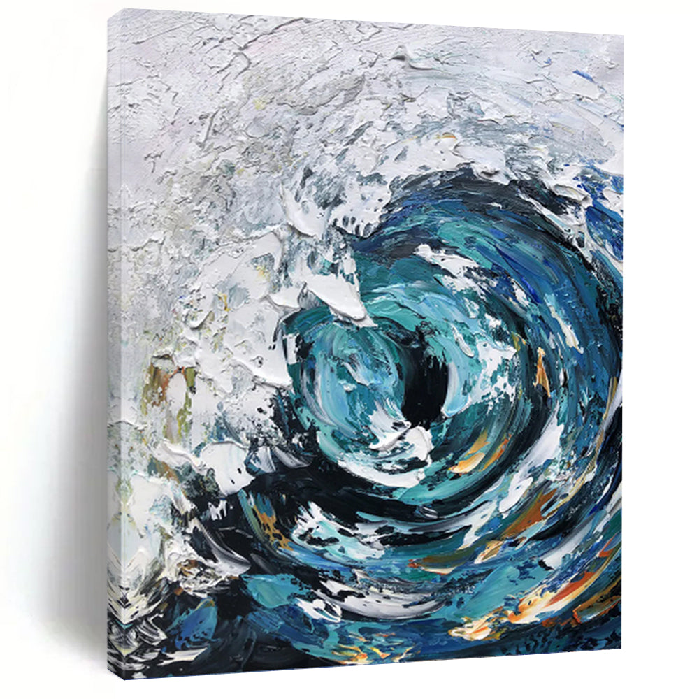 “Blue - White Swirling Wave” - Impasto Seascape Painting On Canvas PT1295