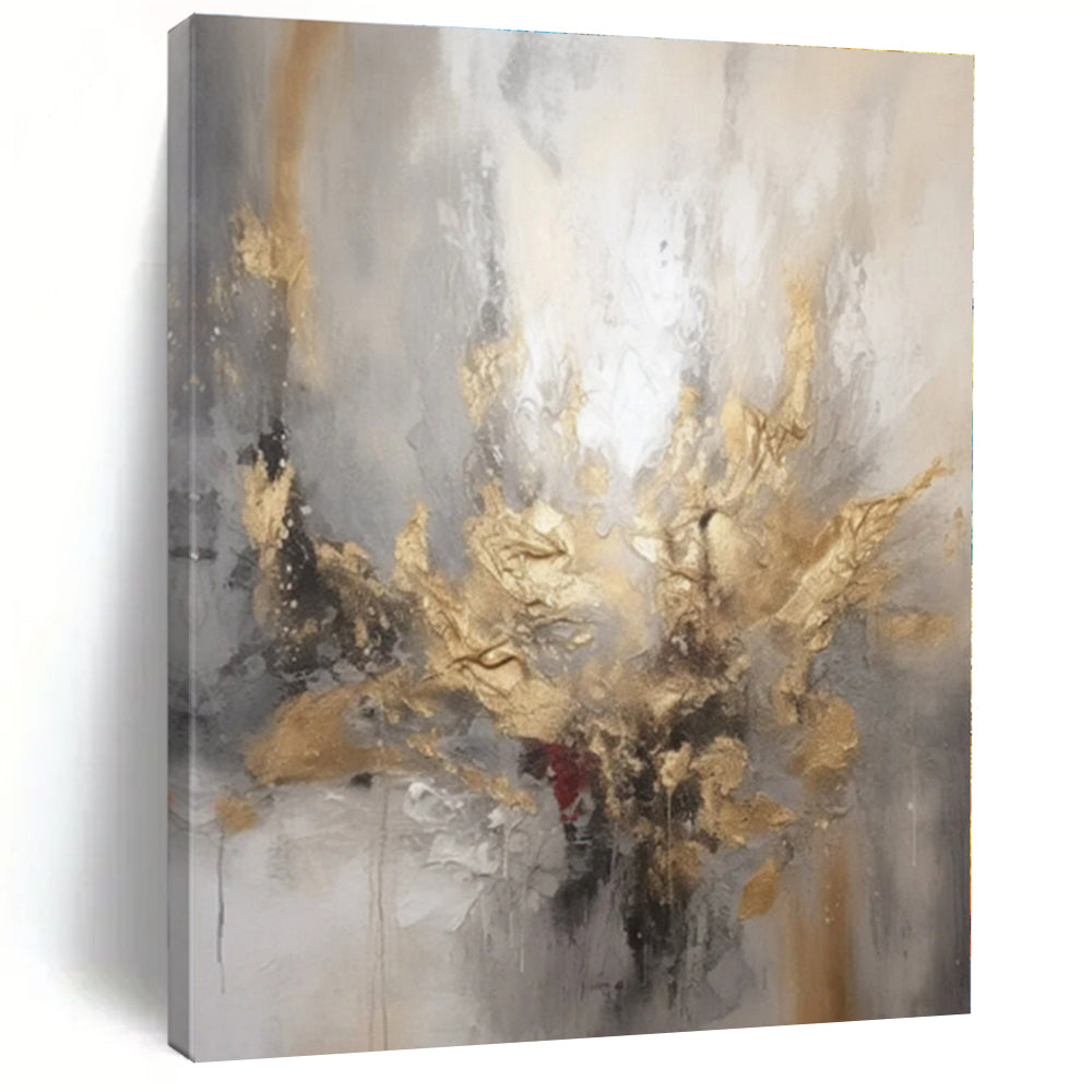 “Gray - Gold - Red Expressive Abstraction” - Gray, Gold, Red Abstract Painting On Canvas PS0540