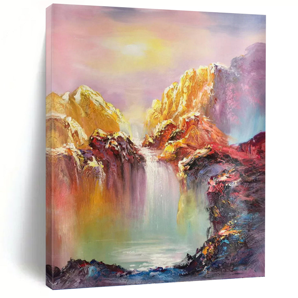 “Colorful Mountain Waterfall” - Expressionist Landscape Painting On Canvas PT1279