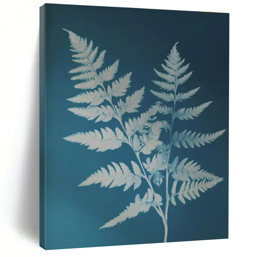 White Ferns on Blue, "Fern Fantasy" – Botanical Silhouette Painting On Canvas PS0874