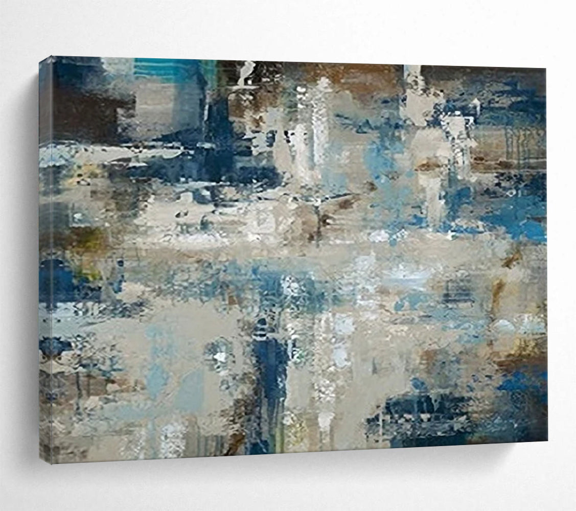 “Abstract Coastal Collage in Blues, Browns & Grays” - Modern Mixed - Media Oil Painting On Canvas PT036