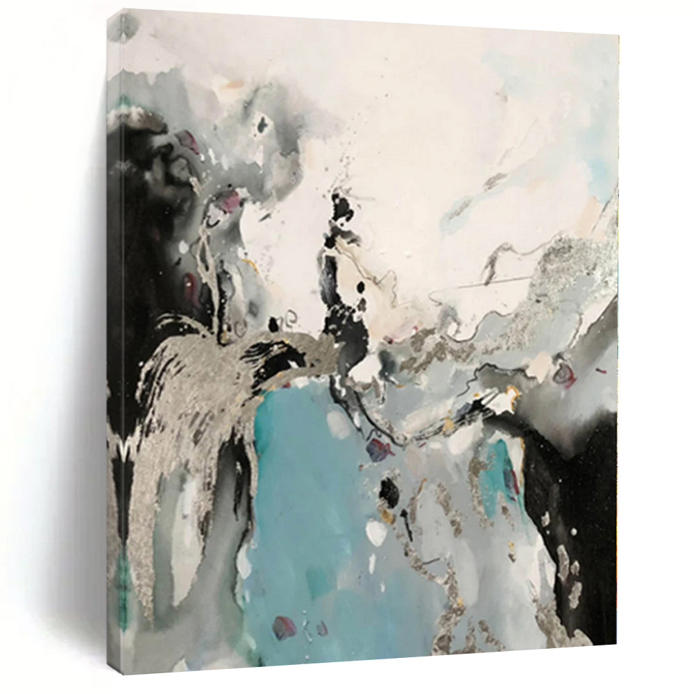 “Black - Blue - Silver Abstract Fluid Forms” - Mysterious Abstract Painting On Canvas PS0365