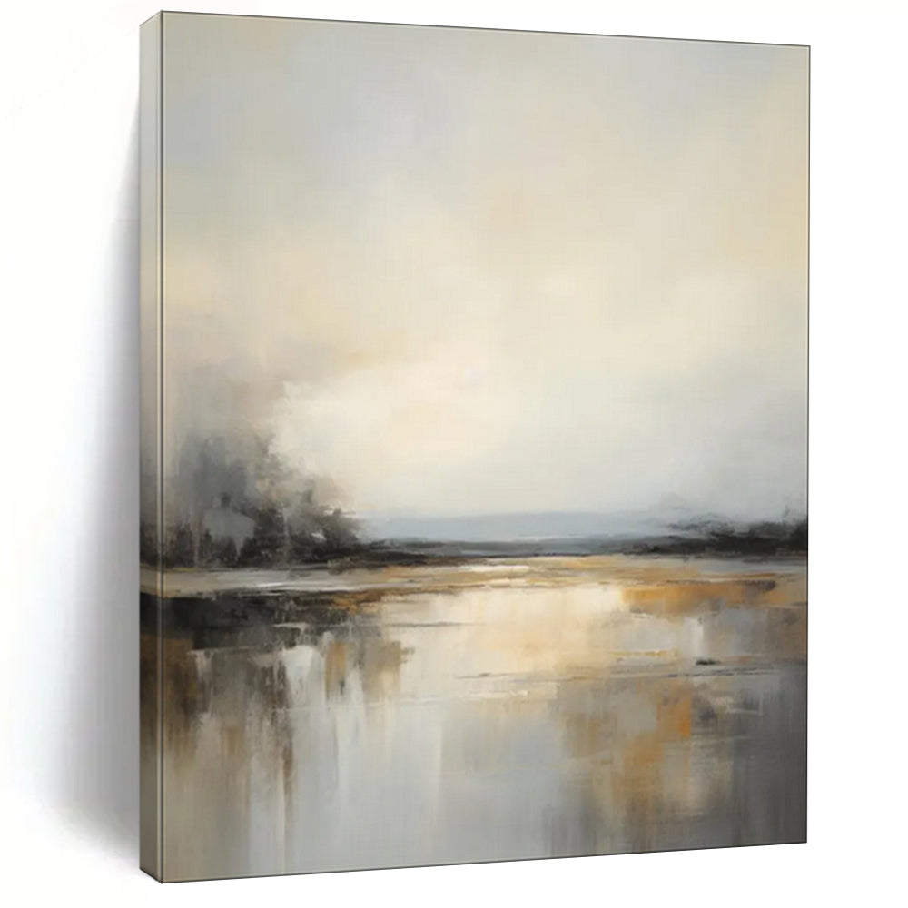 Gray - White - Gold Abstract Water Scene, Similar to the Style of J.M.W. Turner's Atmospheric Landscapes, Painting On Canvas PT2091