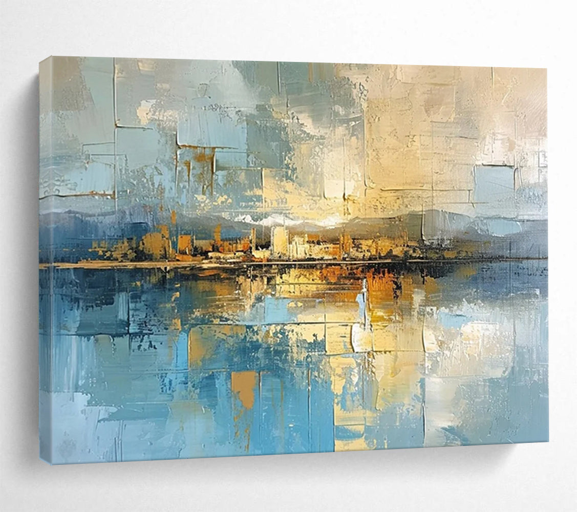 “Cityscape Reflection in Blues and Golds” - Cubist - Inspired Landscape Painting On Canvas PT050