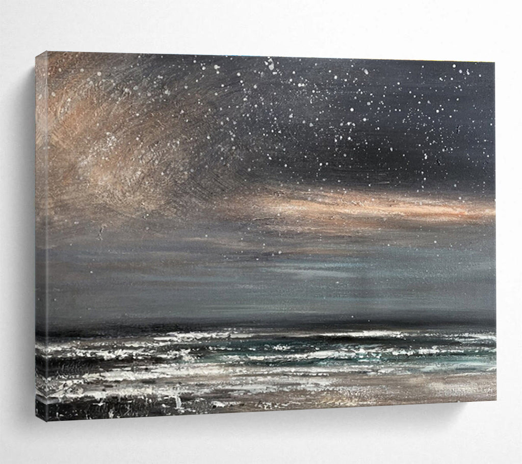 Dark Sky with Stars Over Grey - White Sea Seascape Painting On Canvas DKS105