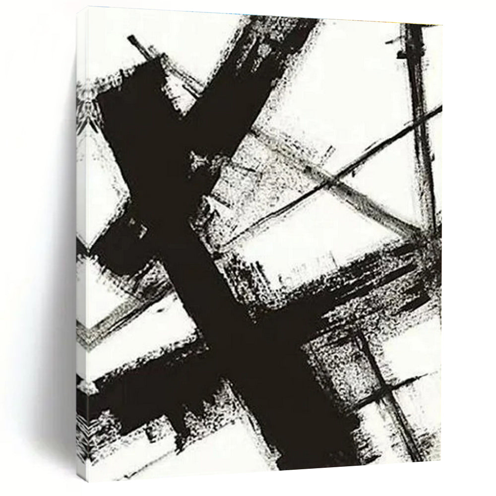 “Monochrome Cross Strokes” - Black, White Abstract Minimalist Painting On Canvas PS0716