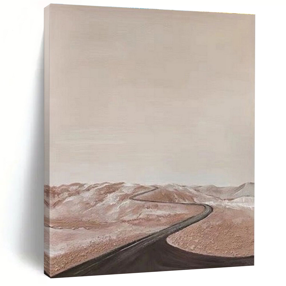 “Desert Road Journey” - Beige, Brown, Black Abstract Landscape Painting On Canvas PS0665