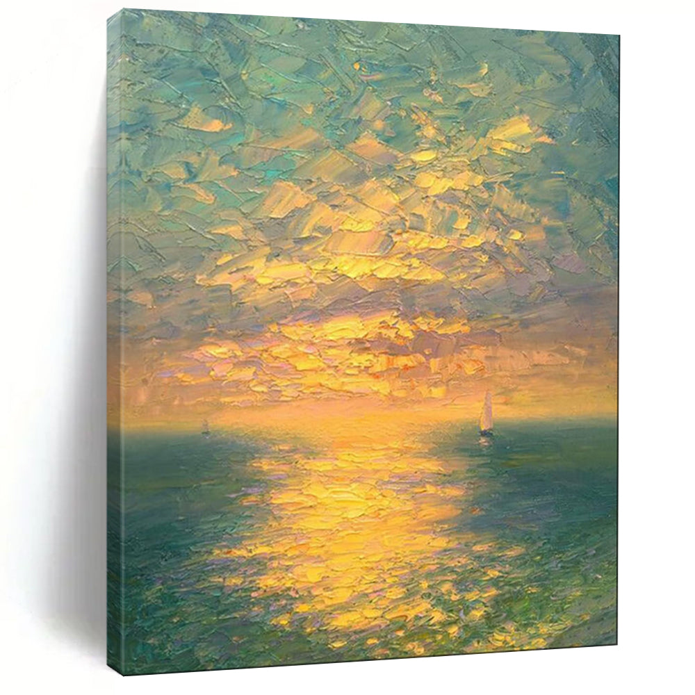 “Vibrant Sunset Sea with Sailboats” - Landscape Painting On Canvas PT2070