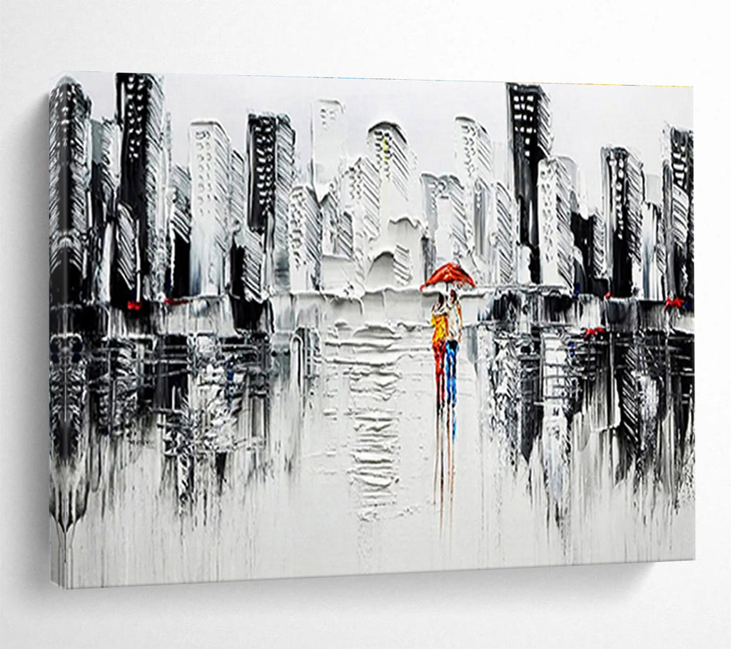 “Urban Rainy Day in Black and White with Red Accents” - Impressionistic Oil Painting On Canvas DKS895