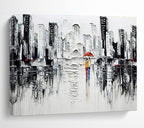 “Urban Rainy Day in Black and White with Red Accents” - Impressionistic Oil Painting On Canvas DKS895