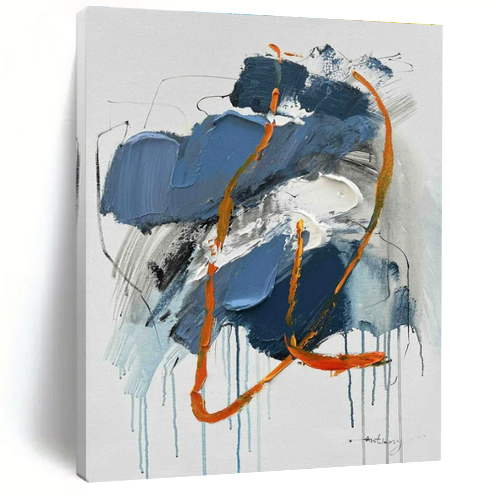Blue, Orange, White Fluid Drips “Coastal Energy” - Painting On Canvas PS0807
