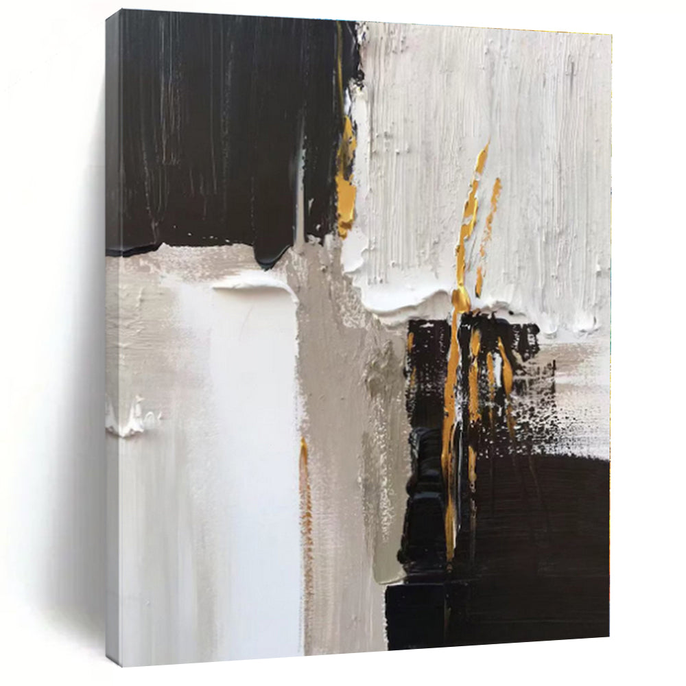 “Black - White - Gold Textured Abstraction” - Black, White, Gold Abstract Painting On Canvas PS0489