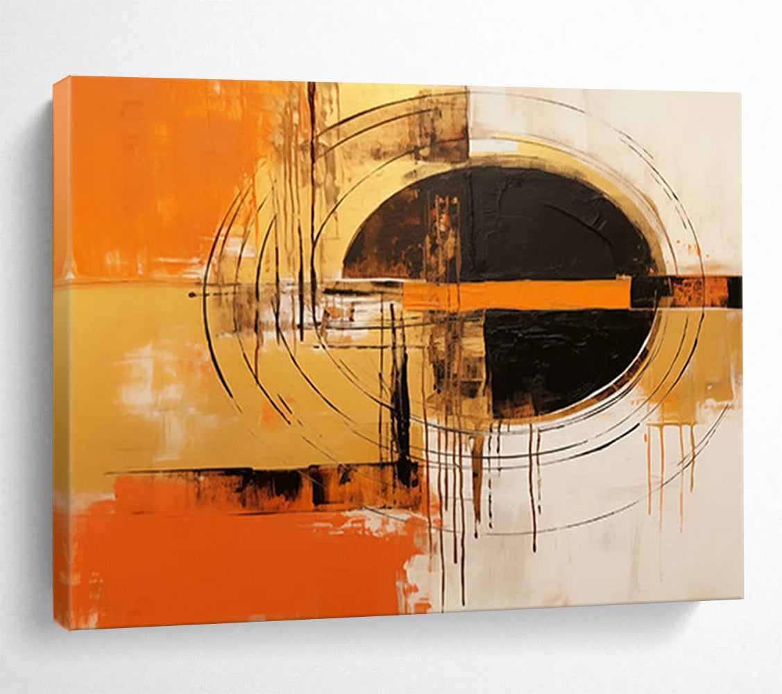 “Orange, Gold, and Black Circular Abstract” - Expressive Abstract Painting On Canvas PT105