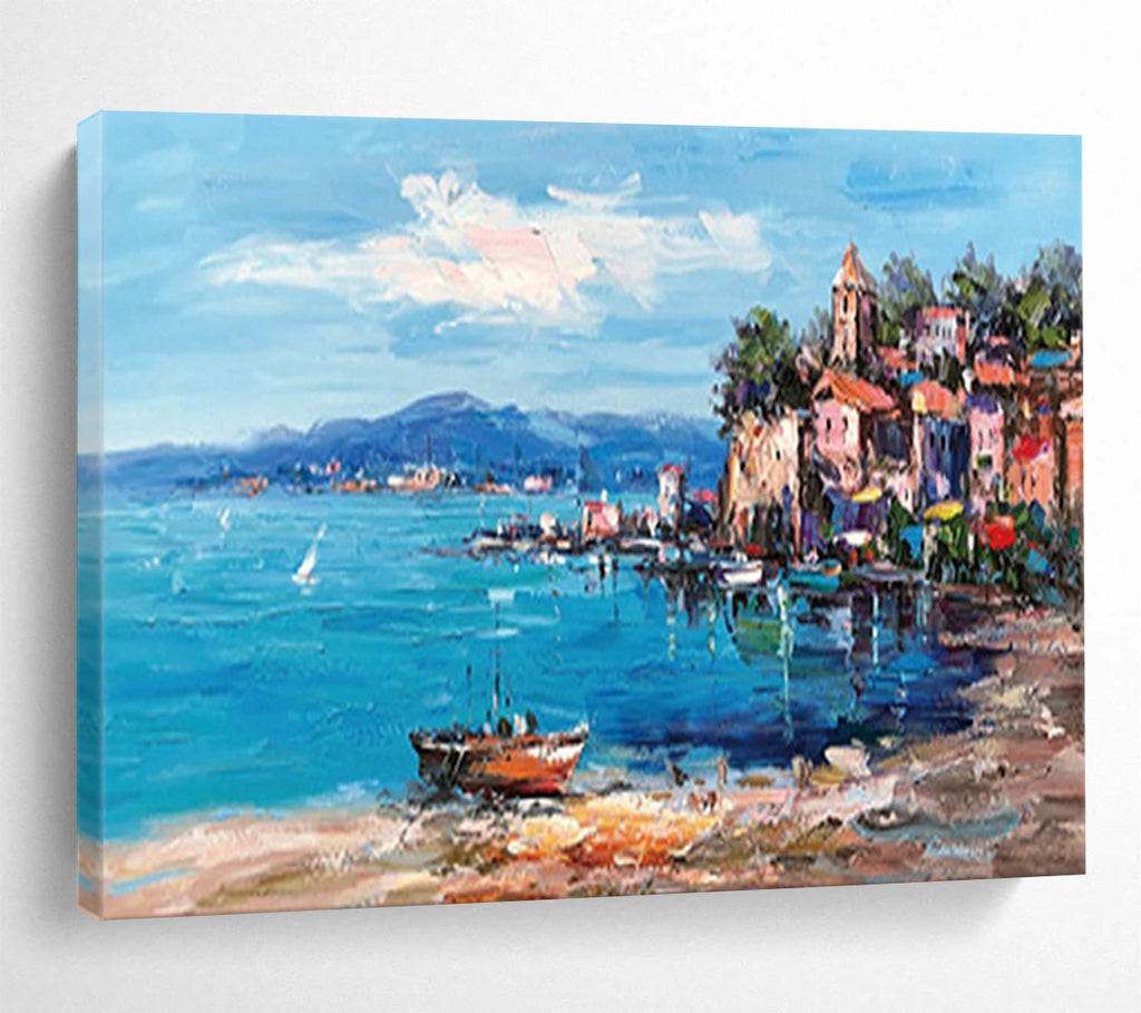 “Colorful Coastal Village” - Impressionistic Seaside Painting On Canvas PT230