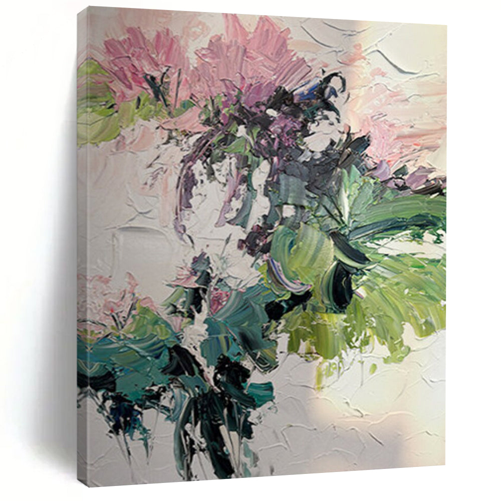 “Pink & Green Floral Burst” - Abstract Floral Painting On Canvas DS271