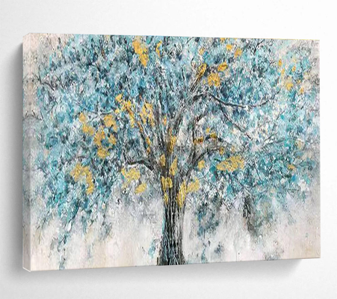 “Blue Tree with Yellow Blossoms” - Abstract Oil Painting On Canvas DKS889