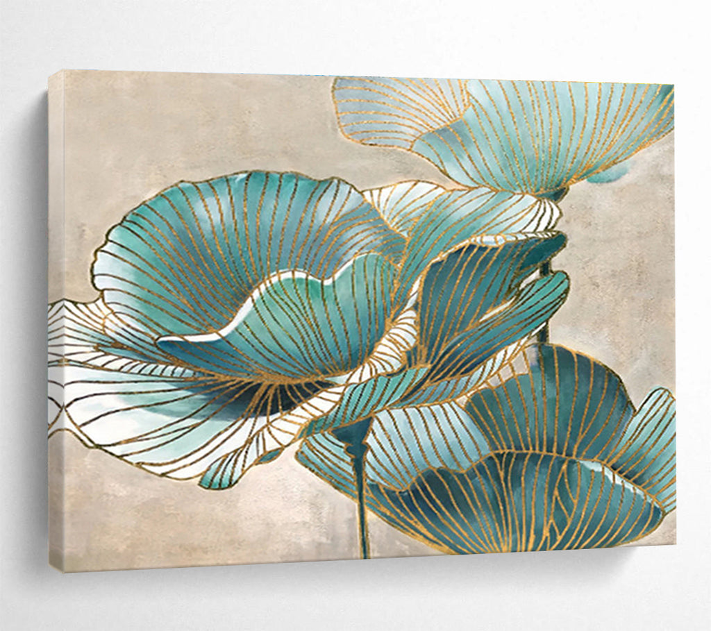 “Teal & Gold Flowers” - Decorative Floral Painting On Canvas DKS428