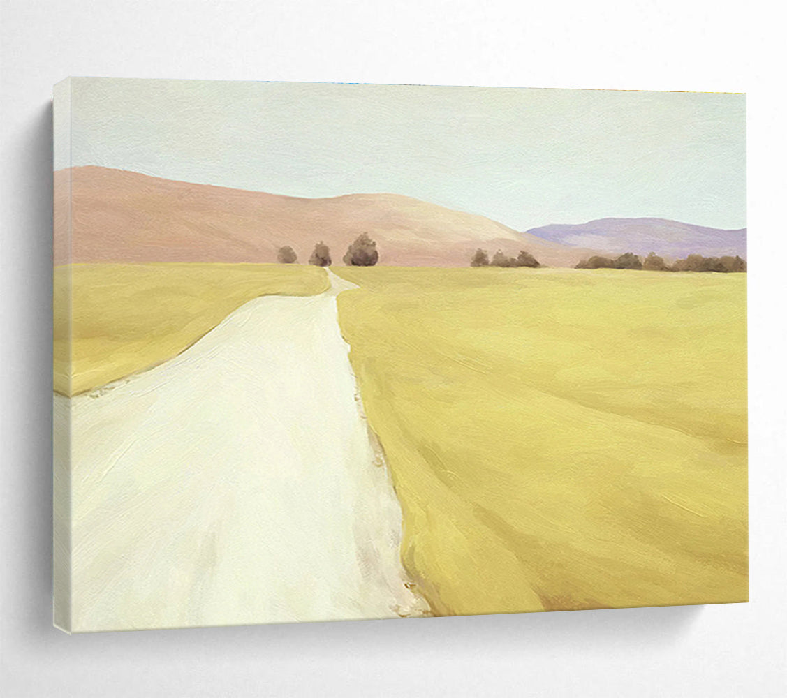 “Golden Field Path” - Yellow, Brown & Purple Landscape, Realist Oil Painting On Canvas DKS742