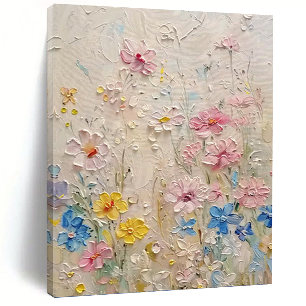 “Textured Colorful Flower Field” - Impasto Botanical Painting On Canvas PT1000
