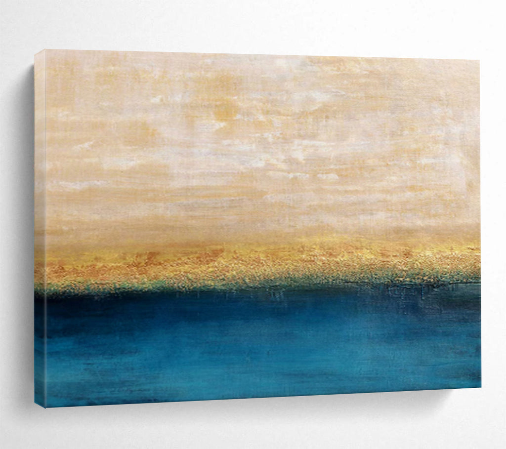 Beige, Gold & Blue Horizon Abstract Painting On Canvas DKS017