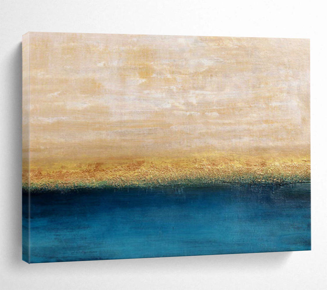 Beige, Gold & Blue Horizon Abstract Painting On Canvas DKS017
