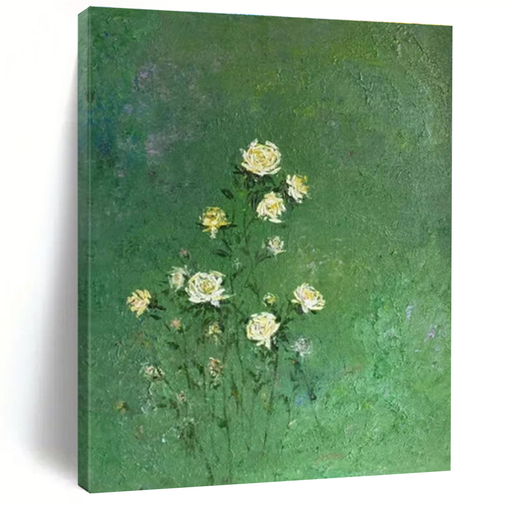 Green, White, Yellow with Delicate Flowers "Nature’s Whisper" Abstract Painting On Canvas PS1453
