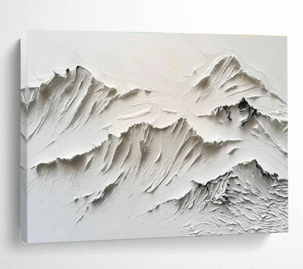 “White Textured Mountain Relief” - Sculptural Abstract Painting On Canvas DKS459