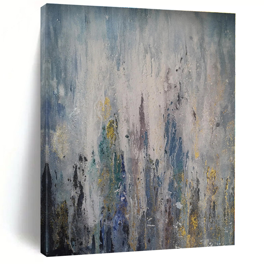 “Blue - Gray - Gold Rainfall Abstraction” - Blue, Gray, Gold, White Abstract Rain - like Painting On Canvas PS0561