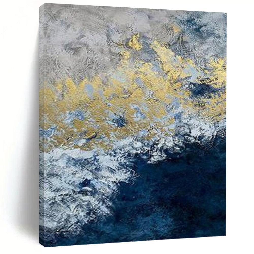 “Blue, White, and Gold Ocean Wave” - Abstract, Metallic - Accented Painting On Canvas PT1549