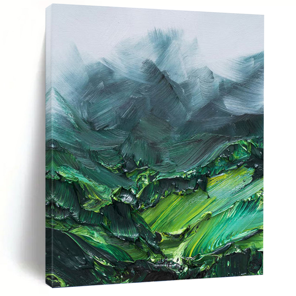“Green Mountain Textures: Impasto Landscape” - Bold Nature Painting On Canvas PT0944