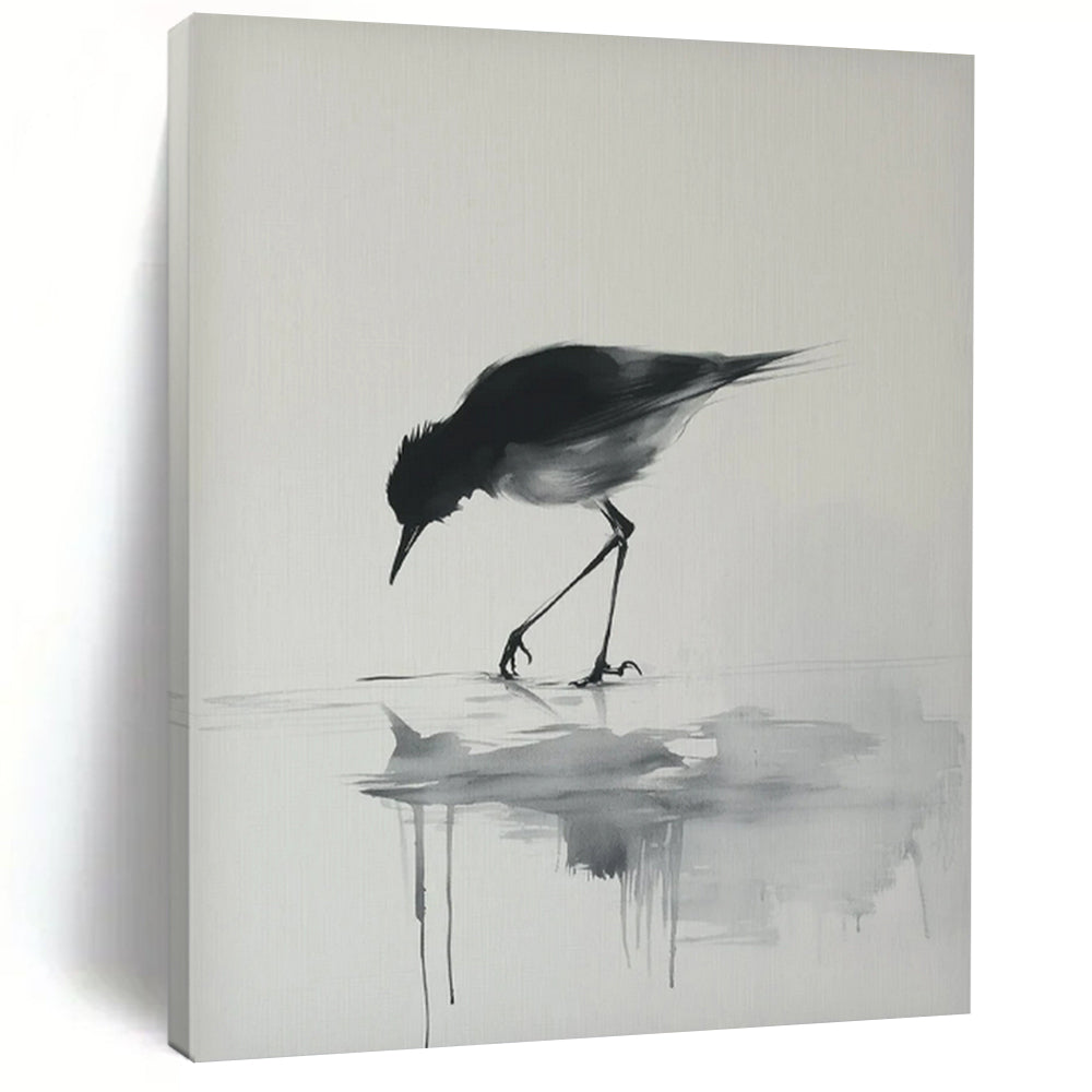 Black - White Bird Reflection, "Ink Bird" – Minimalist Ink - Style Painting On Canvas PS0933