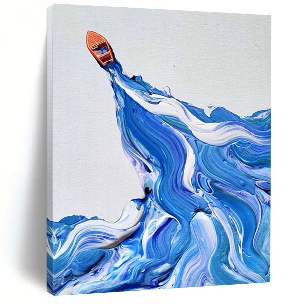 “Blue and White Wave with Orange Boat” - Dynamic Sea Scene Painting On Canvas DS321