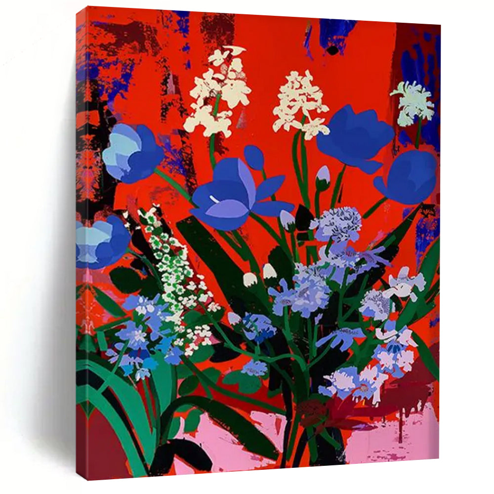 Vibrant Blooms: Blue Flowers on Red Painting On Canvas DS101
