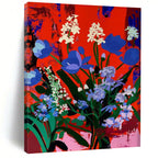 Vibrant Blooms: Blue Flowers on Red Painting On Canvas DS101