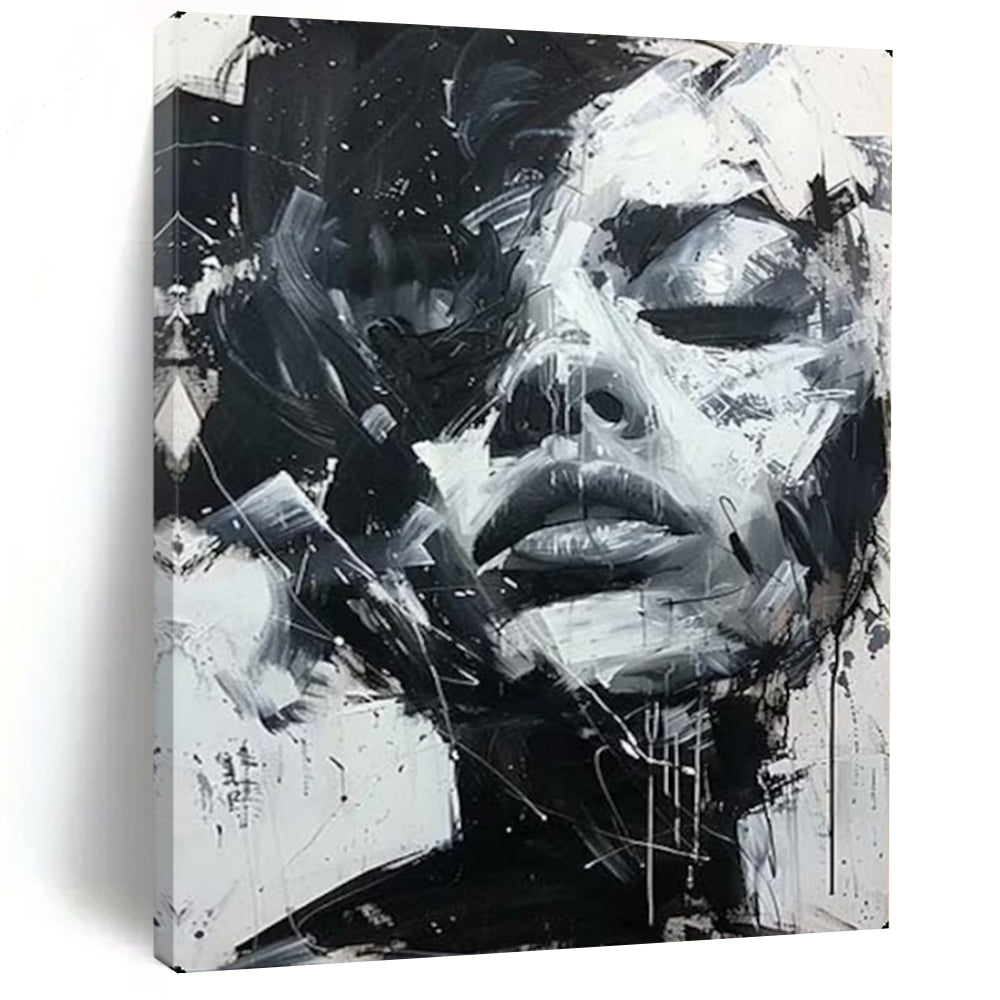Black & White Dynamic Face, Abstract Expressionism, Painting On Canvas PT2139