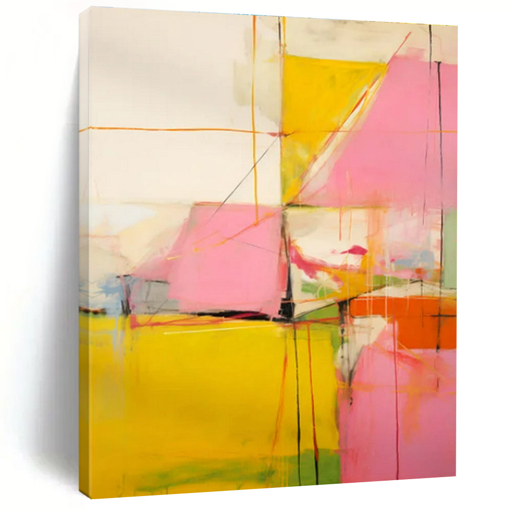 Pink, Yellow, Orange & Green Geometric Abstract "Playful Prism" Painting On Canvas PS0873